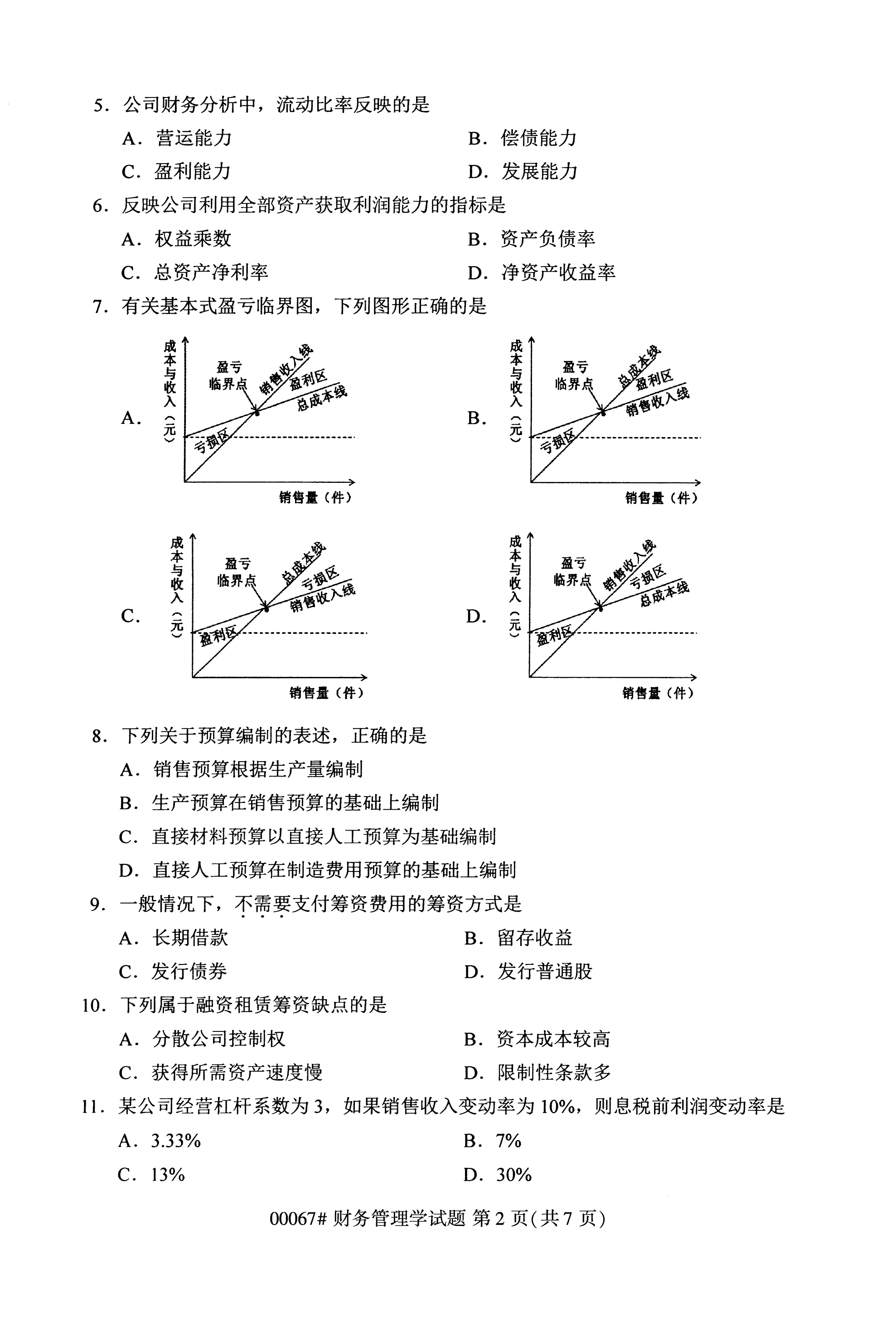 2020年10月湖南自考真題：財務(wù)管理學(xué)(00067)2